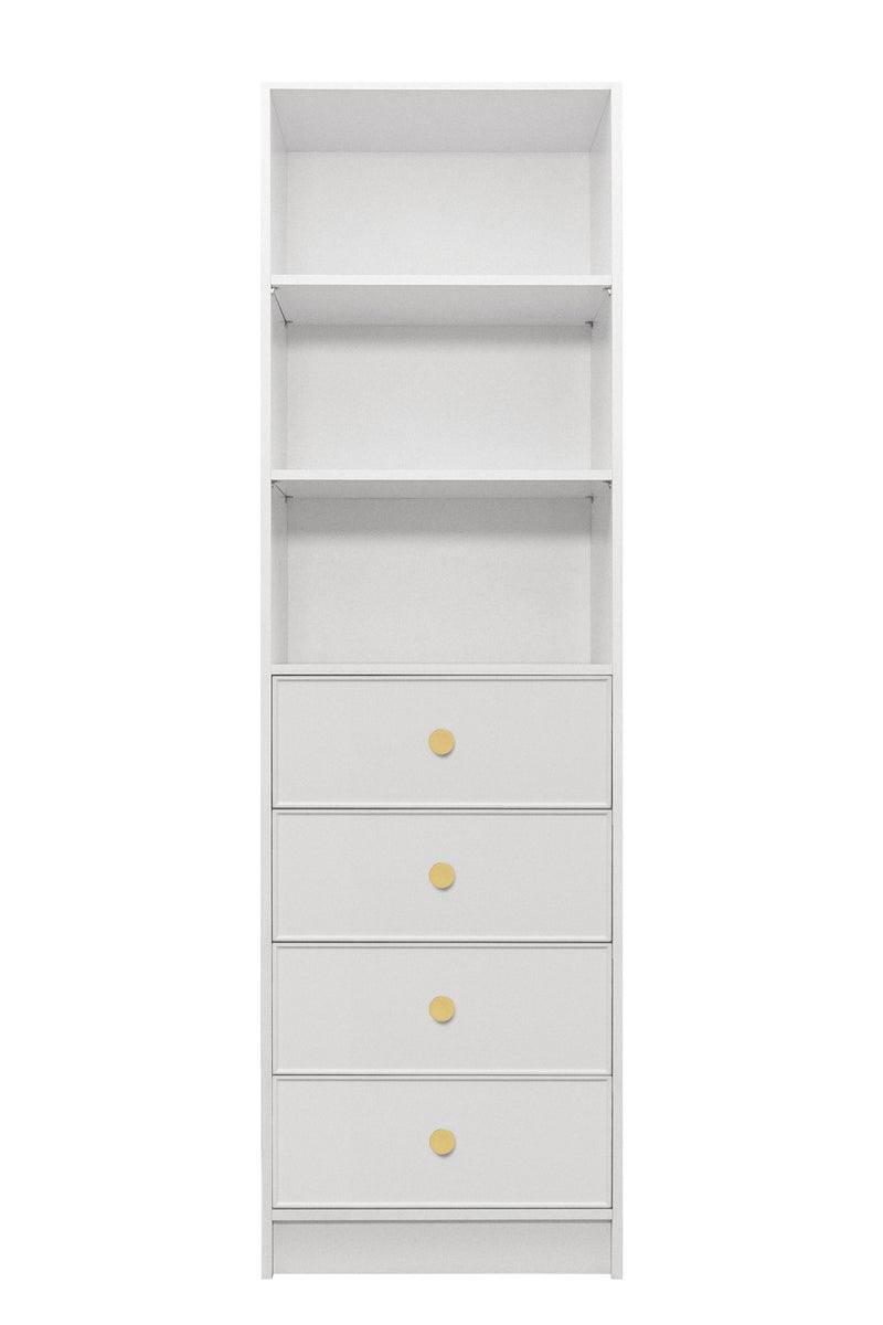 MALMO 3 SHELF 4 DRAWER WALK IN WARDROBE  - WHITE - SLIM - ROUND BRASS