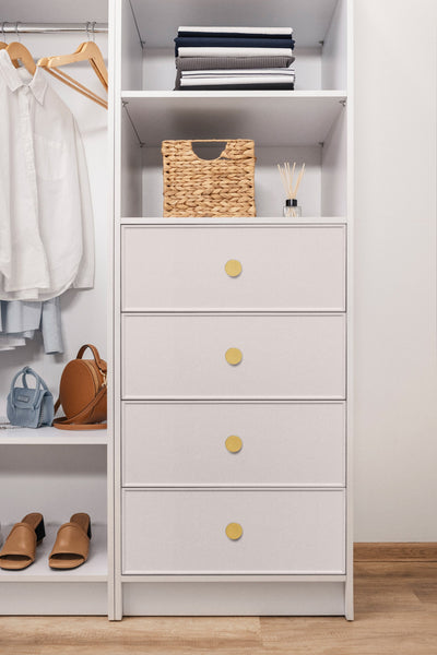 MALMO 3 SHELF 4 DRAWER WALK IN WARDROBE  - WHITE - SLIM - ROUND BRASS