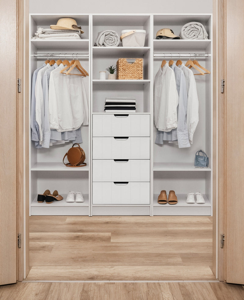 MALMO 3 SHELF 4 DRAWER WALK IN WARDROBE  - WHITE - VJ PANEL - PULL BLACK