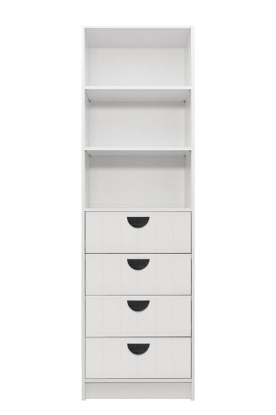 MALMO 3 SHELF 4 DRAWER WALK IN WARDROBE  - WHITE - VJ PANEL - HALF MOON BLACK