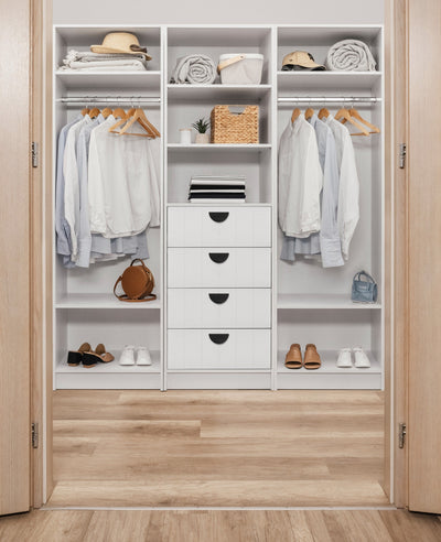 MALMO 3 SHELF 4 DRAWER WALK IN WARDROBE  - WHITE - VJ PANEL - HALF MOON BLACK