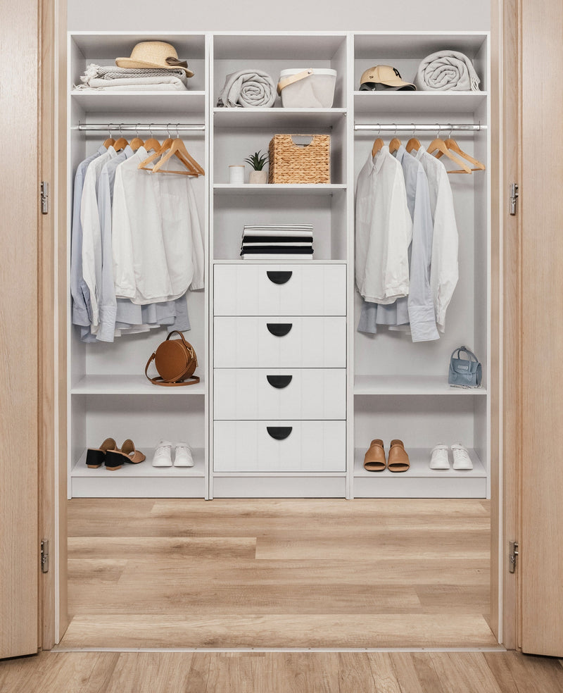 MALMO 3 SHELF 4 DRAWER WALK IN WARDROBE  - WHITE - VJ PANEL - HALF MOON BLACK