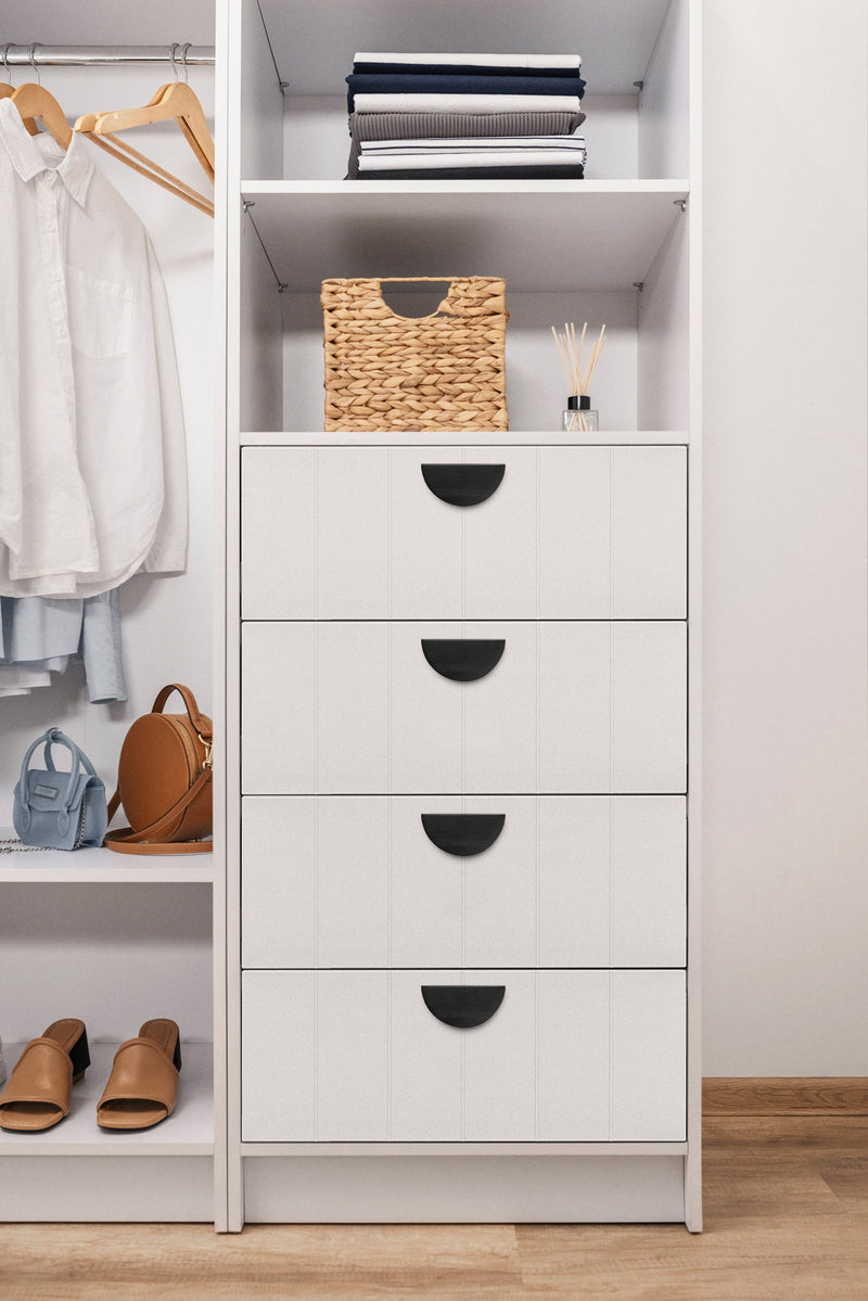 MALMO 3 SHELF 4 DRAWER WALK IN WARDROBE  - WHITE - VJ PANEL - HALF MOON BLACK