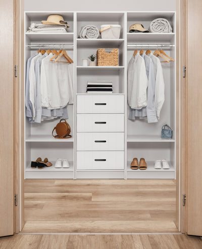 MALMO 3 SHELF 4 DRAWER WALK IN WARDROBE  - WHITE - VJ PANEL - OVAL BLACK