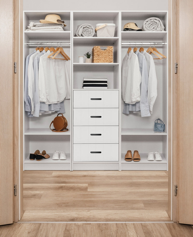 MALMO 3 SHELF 4 DRAWER WALK IN WARDROBE  - WHITE - VJ PANEL - OVAL BLACK