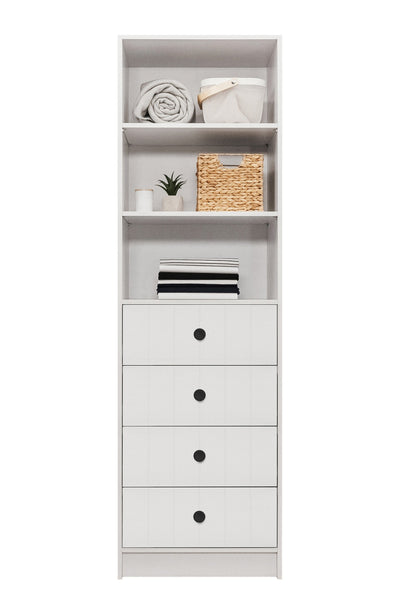 MALMO 3 SHELF 4 DRAWER WALK IN WARDROBE  - WHITE - VJ PANEL - ROUND BLACK