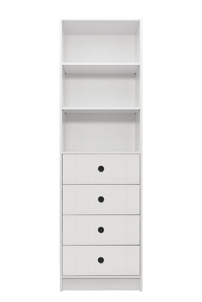 MALMO 3 SHELF 4 DRAWER WALK IN WARDROBE  - WHITE - VJ PANEL - ROUND BLACK