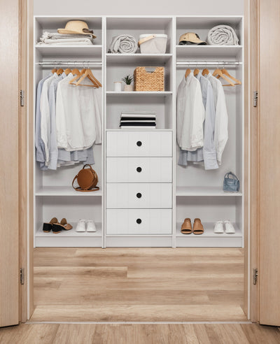 MALMO 3 SHELF 4 DRAWER WALK IN WARDROBE  - WHITE - VJ PANEL - ROUND BLACK