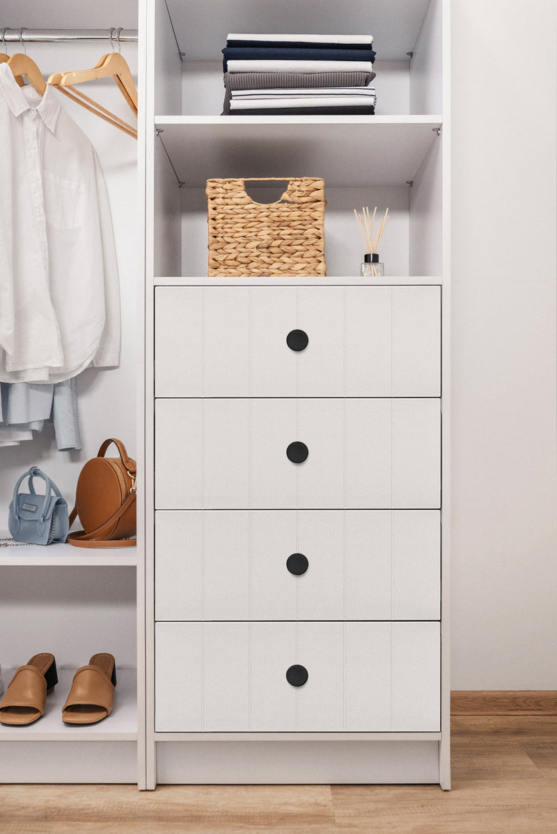 MALMO 3 SHELF 4 DRAWER WALK IN WARDROBE  - WHITE - VJ PANEL - ROUND BLACK