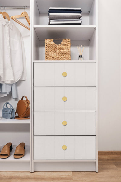 MALMO 3 SHELF 4 DRAWER WALK IN WARDROBE  - WHITE - VJ PANEL - ROUND BRASS
