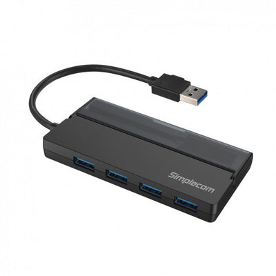 SIMPLECOM CH329 Portable 4 Port USB 3.2 Gen1 (USB 3.0) 5Gbps Hub with Cable Storage - Black