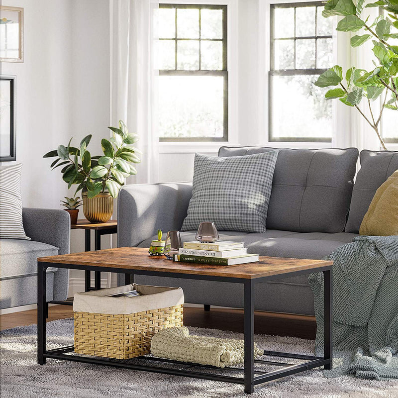 Coffee Table with Dense Mesh Shelf Rustic Brown