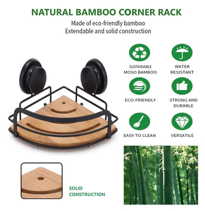 2 Pack Round Bamboo Corner Shower Caddy Shelf Basket Rack with Premium Vacuum Suction Cup No-Drilling for Bathroom and Kitchen