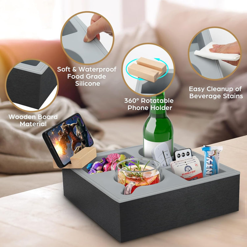 Wooden Couch Cup Holder Tray with Soft Silicone & Rotatable Phone Holder for Storaging Drinks & Snacks