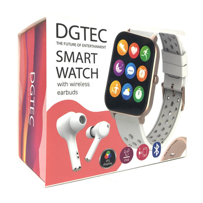 New DGTEC 1.7" IPS Smart Fitness Watch with Wireless Earbuds Rose Pink White