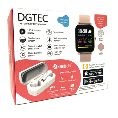 New DGTEC 1.7" IPS Smart Fitness Watch with Wireless Earbuds Rose Pink White