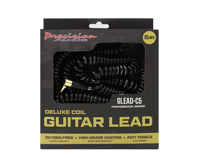 Precision Audio 5 Pack 1/4" To 1/4" 6.35mm Deluxe Coil Studio Guitar Lead Straight to Straight GLEADC5 5m