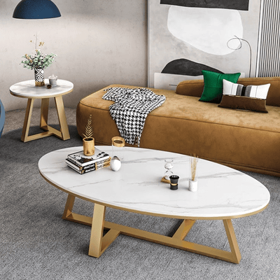 Serina Oval Ceramic top Coffee Table/ Golden coloured legs/steel frame