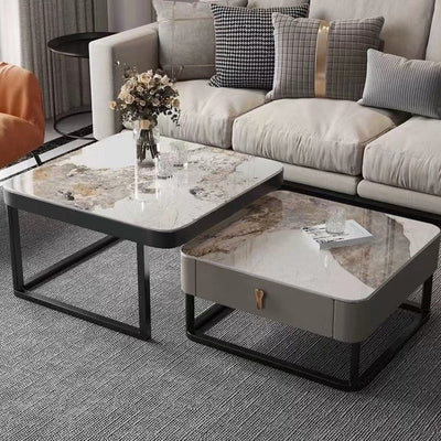 Daniel Ceramic Coffee Table Set with Storage/Ceramic Top/Steel Frame/Black legs