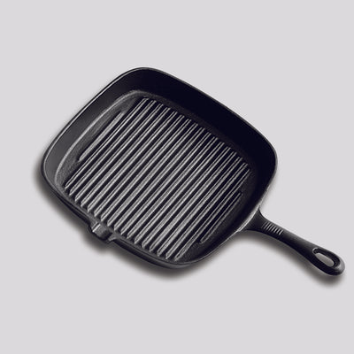 SOGA 23.5cm Square Ribbed Cast Iron Frying Pan Skillet Steak Sizzle Platter with Handle