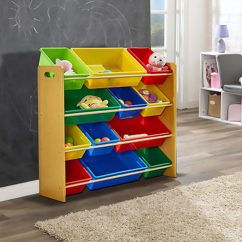 Kids Organiser Shelf Storage Rack for Toys - 12 Multicoloured Bins