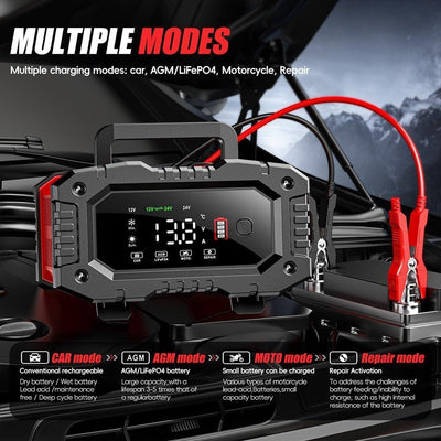 12V 20A/24V 10A Smart Car Battery Charger for Lead Acid LiFePo4 AGM Moto Battery