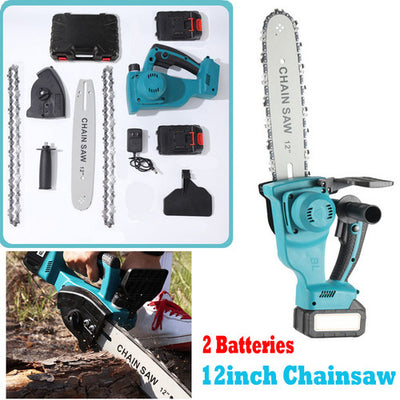 12"inch Cordless Electric Chainsaw + 2 Battery 2 Chain Brushless Wood Cutter Saw