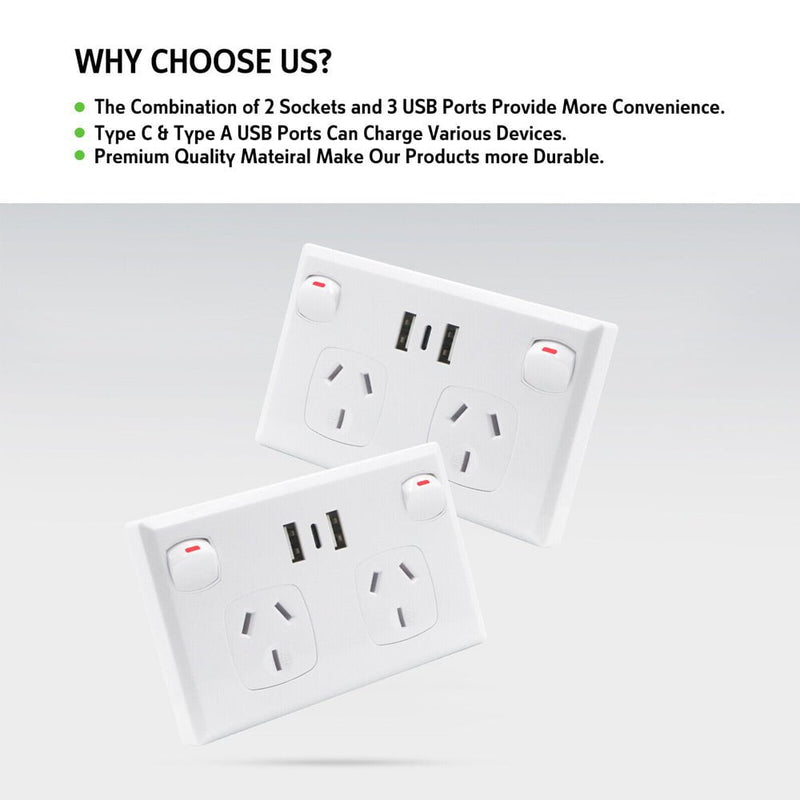 5PCS Double Power Point Dual USB+Type-C GPO Fast Charge 3.6 amp Wall Outlet