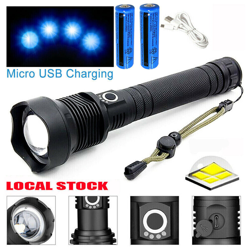 99000LM Ultra Bright LED Tactical Flashlight 3-Modes Zoom Torch USB Charging