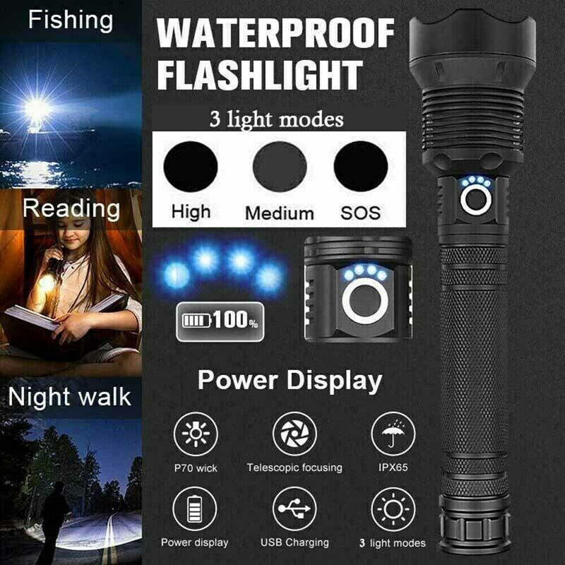 99000LM Ultra Bright LED Tactical Flashlight 3-Modes Zoom Torch USB Charging