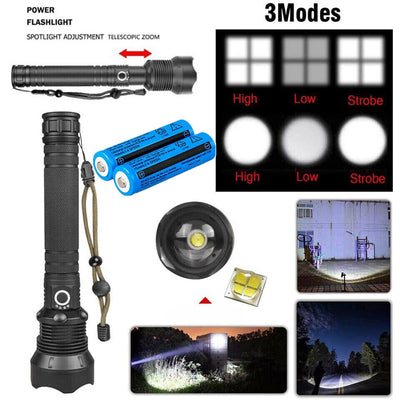 99000LM Ultra Bright LED Tactical Flashlight 3-Modes Zoom Torch USB Charging