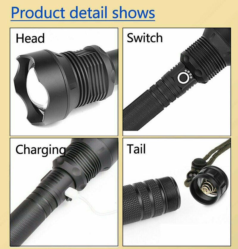 99000LM Ultra Bright LED Tactical Flashlight 3-Modes Zoom Torch USB Charging