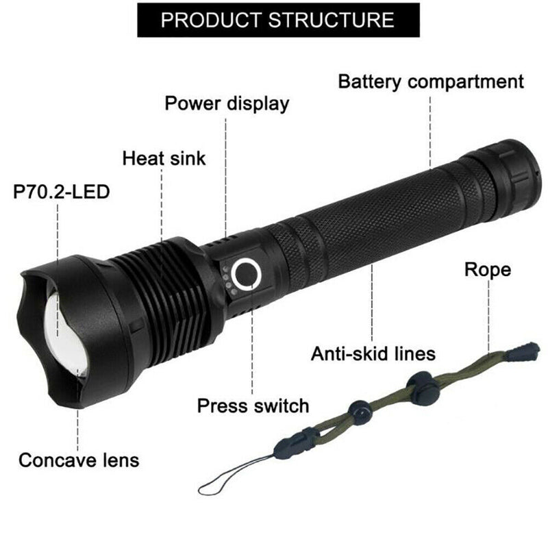 99000LM Ultra Bright LED Tactical Flashlight 3-Modes Zoom Torch USB Charging
