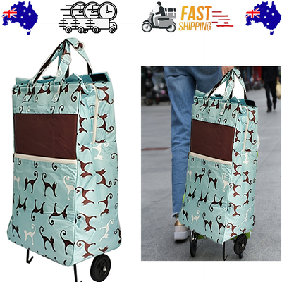 Shopping Trolley Cart Bag Foldable Wheels Carts Bags Market Luggage Basket sky blue cat