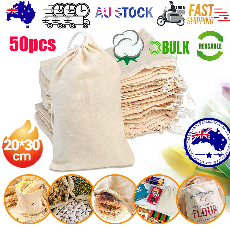 50Pcs 20X30cm Drawstring Storage Bags Calico Bags Linen Tote Gift Bag Bulk