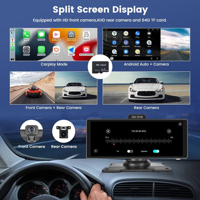 10.26" 4K Dash Cam Car Stereo For Apple Carplay & Android Auto GPS Rear Camera