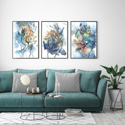Wall Art 40cmx60cm Watercolor Style Abstract Flower 3 Sets Black Frame Canvas