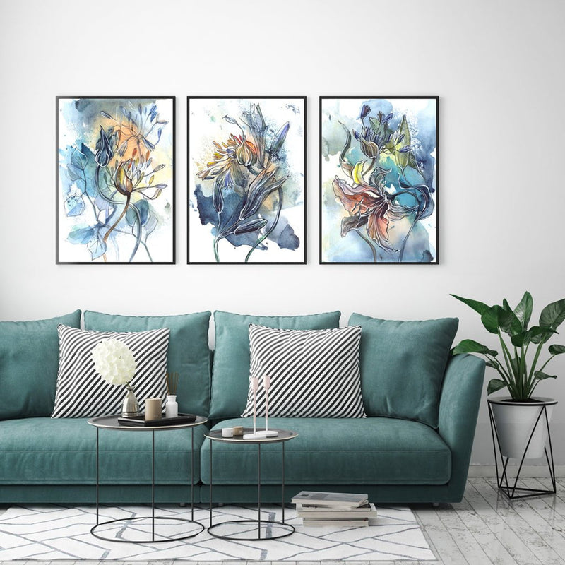 Wall Art 40cmx60cm Watercolor Style Abstract Flower 3 Sets Black Frame Canvas