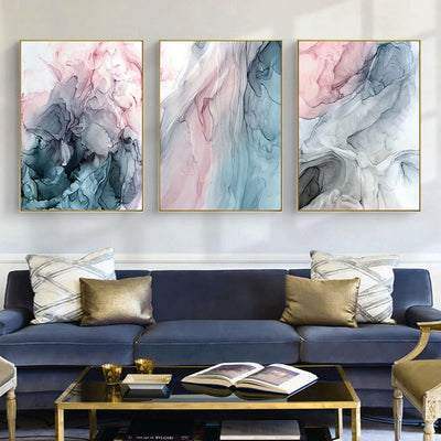 Wall Art 60cmx90cm Colorful Ink Abstract 3 Sets Gold Frame Canvas