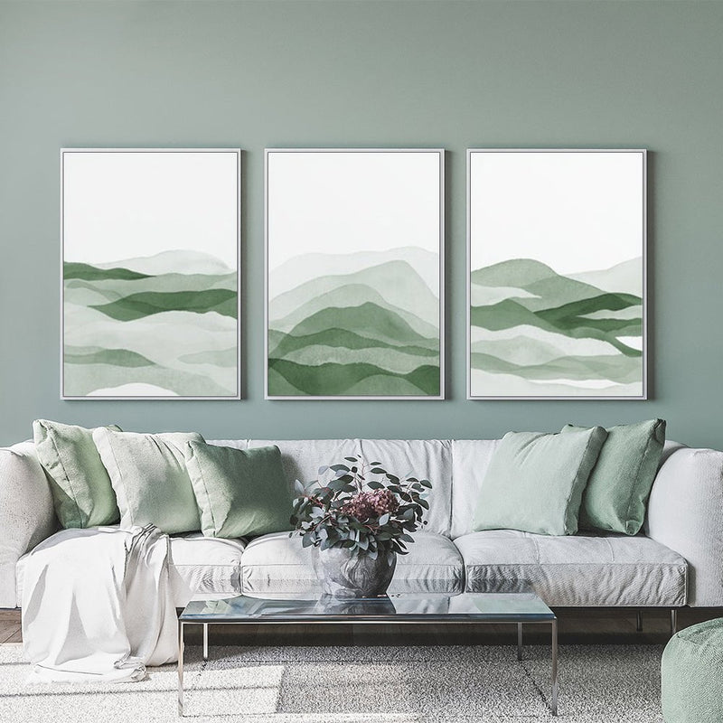 Wall Art 60cmx90cm Sage Green 3 Sets White Frame Canvas