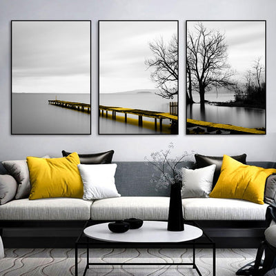 Wall Art 80cmx120cm Calm Lake Bridge Tree Scene 3 Sets Black Frame Canvas