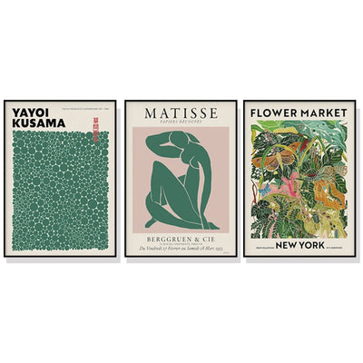 Wall Art 90cmx135cm Flower Market, Matisse Print, Yayoi Kusama 3 Sets Black Frame Canvas