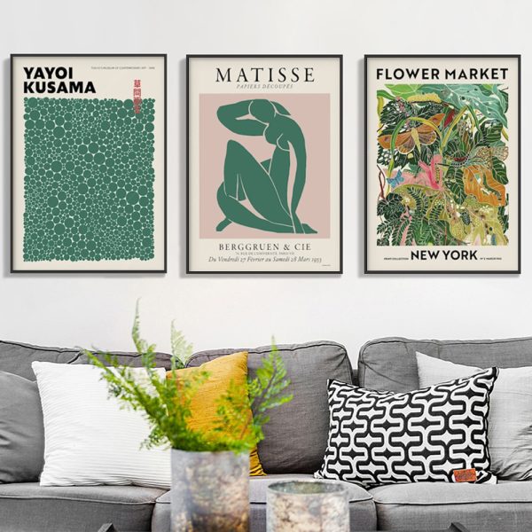 Wall Art 90cmx135cm Flower Market, Matisse Print, Yayoi Kusama 3 Sets Black Frame Canvas