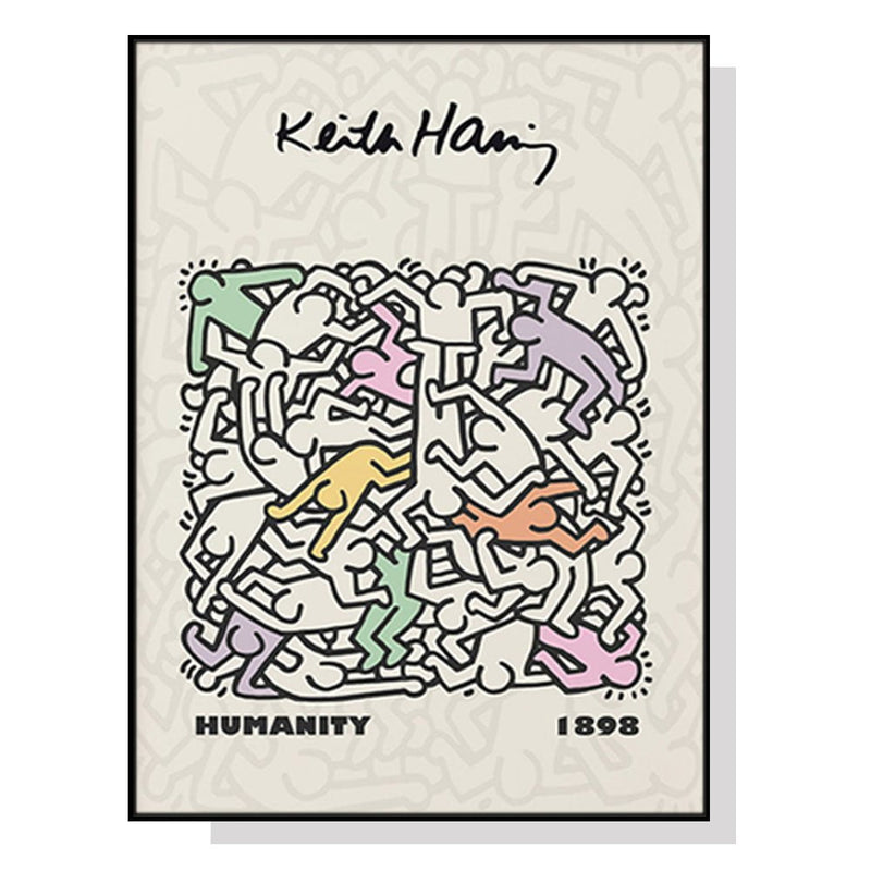 Wall Art 70cmx100cm Keith Haring Humanity Black Frame Canvas