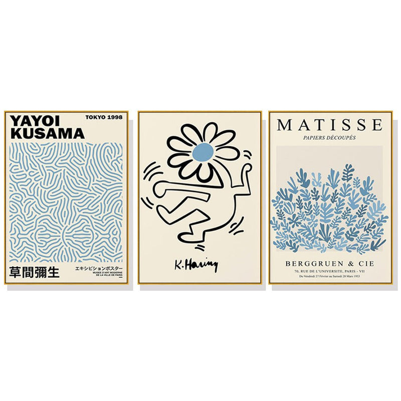 Wall Art 50cmx70cm Blue Matisse,Yayoi Kusama, Keith Haring Mix Art 3 Sets Gold Frame Canvas