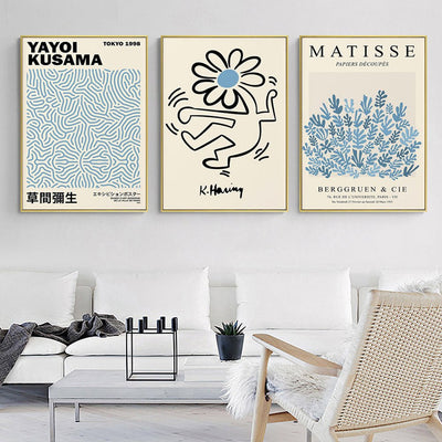 Wall Art 50cmx70cm Blue Matisse,Yayoi Kusama, Keith Haring Mix Art 3 Sets Gold Frame Canvas