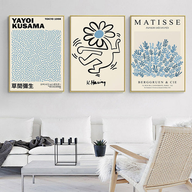 Wall Art 50cmx70cm Blue Matisse,Yayoi Kusama, Keith Haring Mix Art 3 Sets Gold Frame Canvas