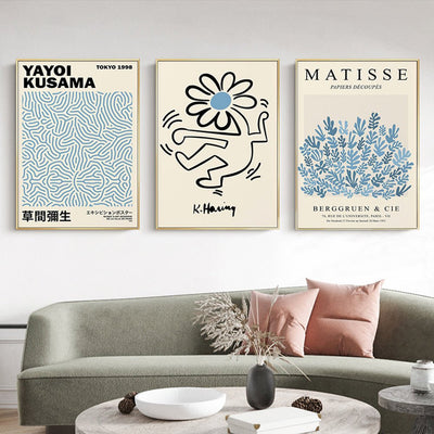 Wall Art 60cmx90cm Blue Matisse,Yayoi Kusama, Keith Haring Mix Art 3 Sets Gold Frame Canvas