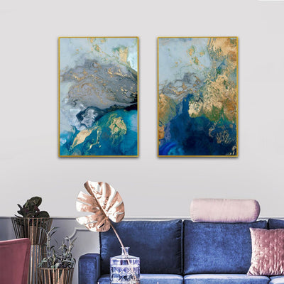 Wall Art 50cmx70cm Marbled Blue And Gold 2 Sets Gold Frame Canvas