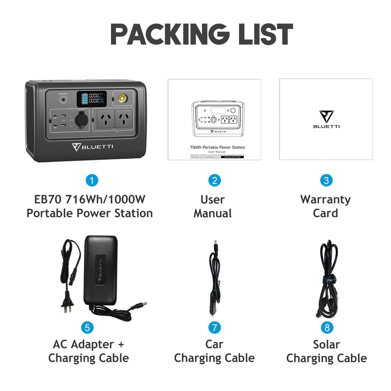 BLUETTI EB70 Portable Power Station 800W 716Wh LiFePo4 Battery with AU plug for Camping Outdoor Home Off-grid Black